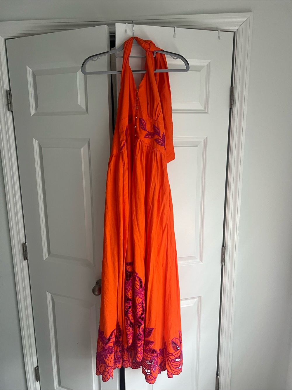 FARM Rio Orange Halter Maxi Dress with Purple Embroidery